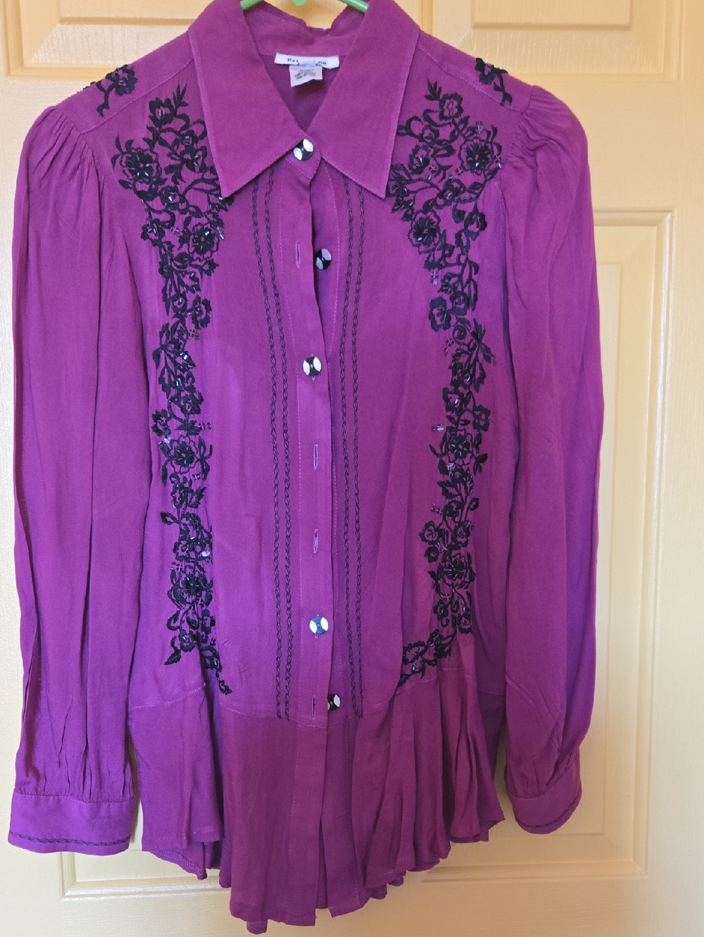 Purple Embroidered Button-Front Blouse